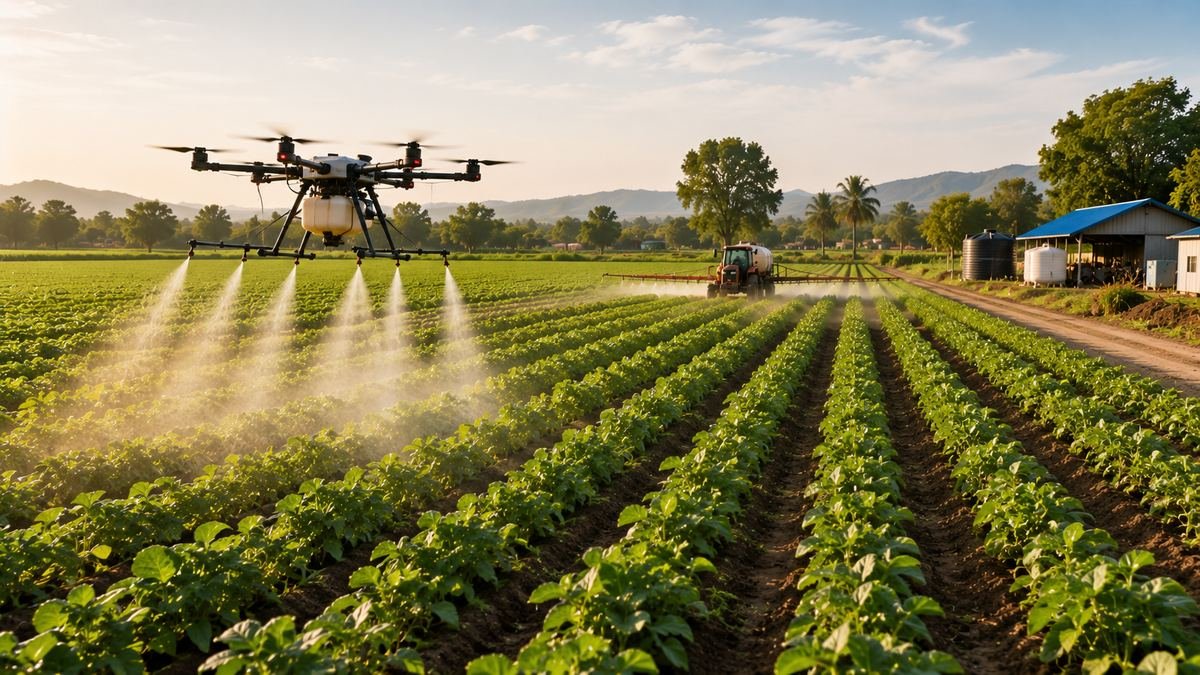 Agriculture — precision spraying drone over farmland