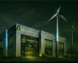 Prakrithi headquarters building at dusk with wind turbines