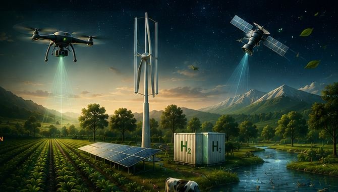 Prakrithi integrated systems: drone, vertical wind turbine, satellite, solar farm and hydrogen storage over restored farmland
