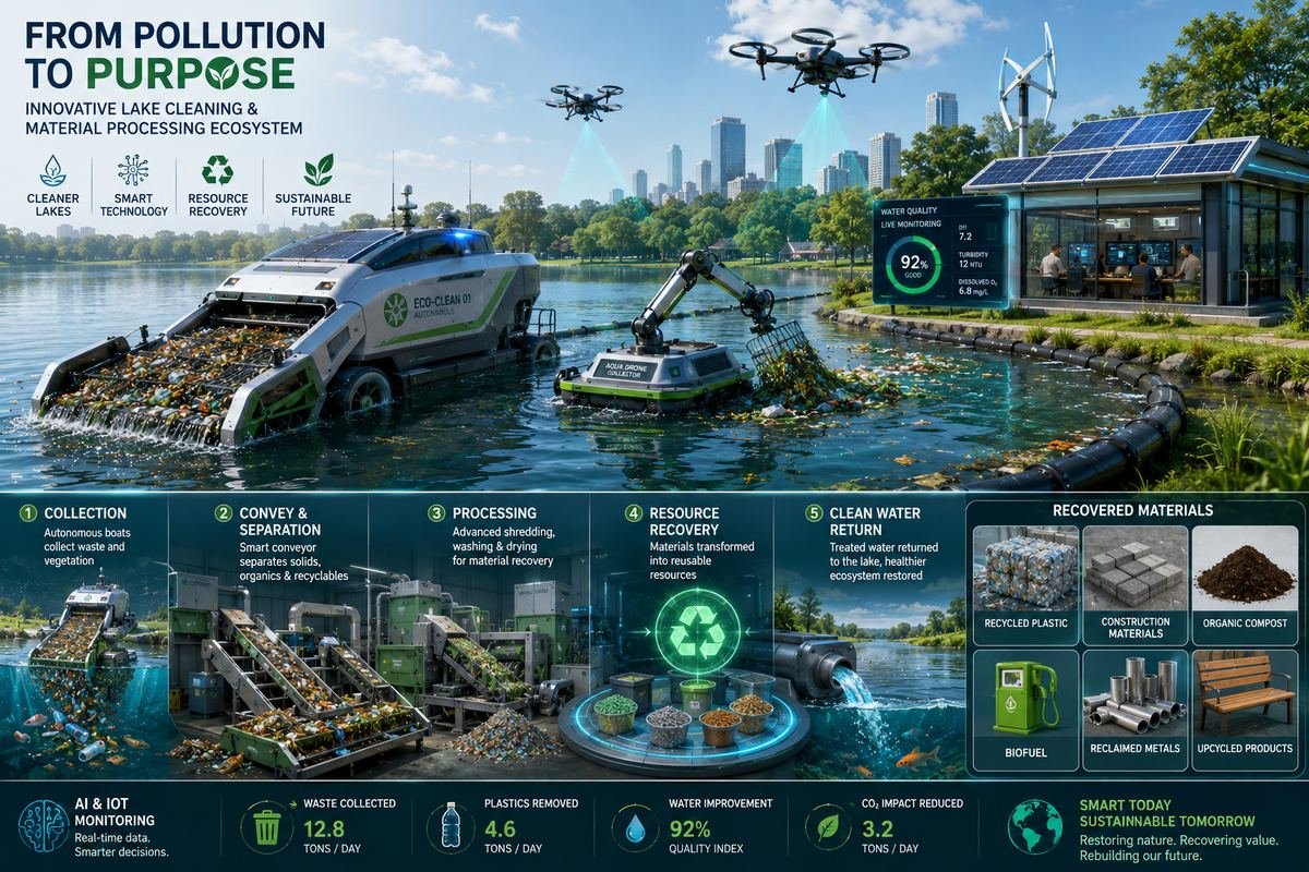 Lake cleaning and material processing ecosystem with monitoring drones