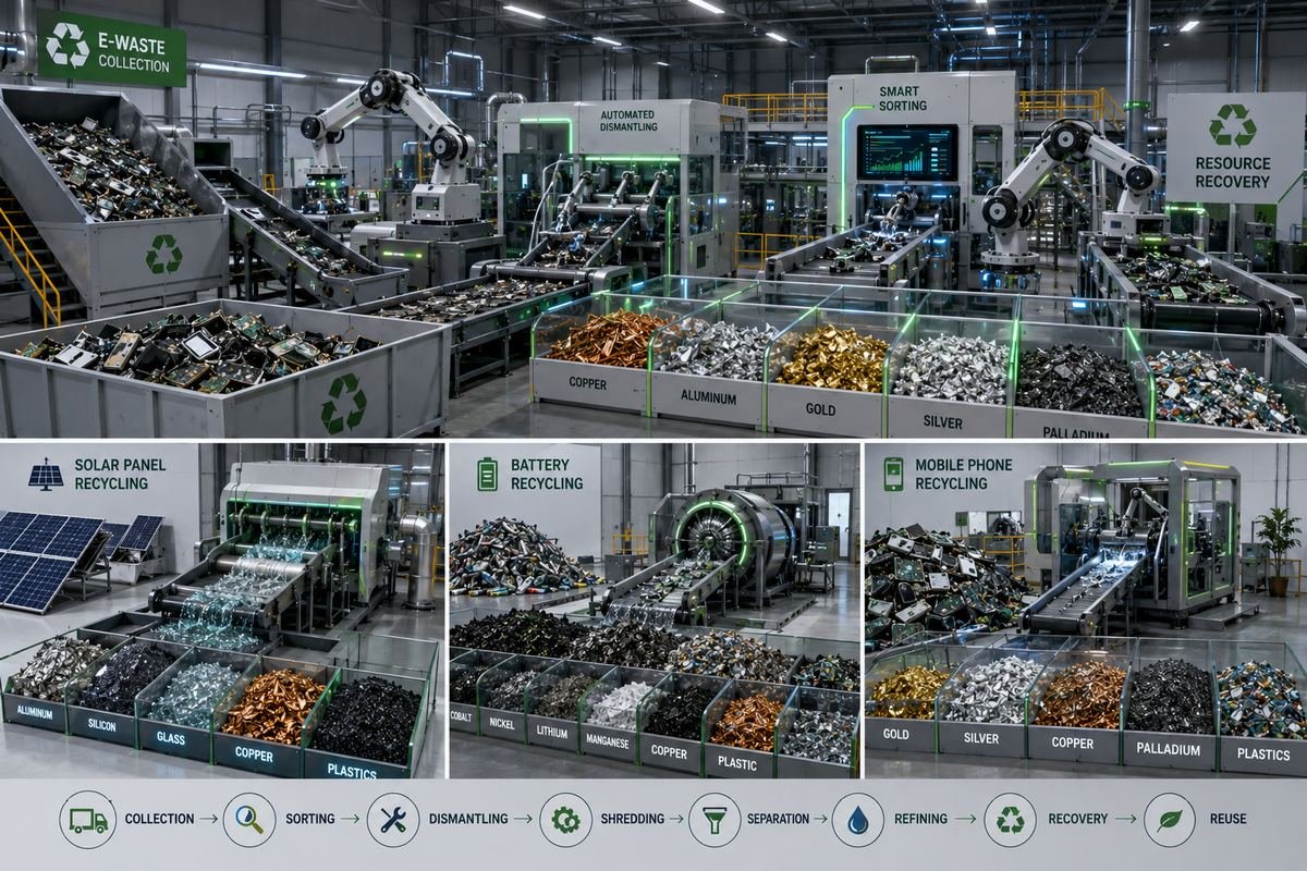 Automated e-waste recycling facility with robotic sorting arms