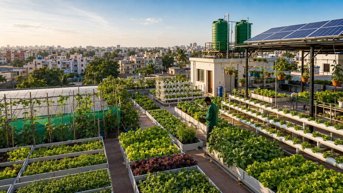 Urban rooftop farm with hydroponic beds and solar panels overlooking a city