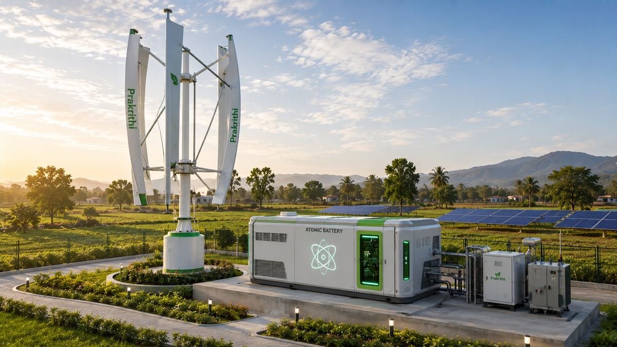 A Prakrithi vertical-axis wind turbine deployed alongside an Atomic Battery unit in the field